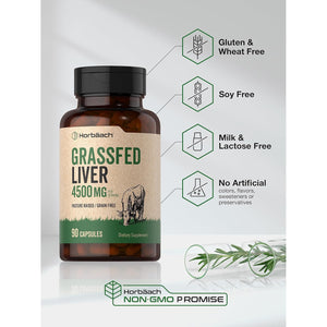 Horbäach Grass Fed Beef Liver | 4500Mg | 90 Capsules | Desiccated, Pasture Raised, Grain Free, Non-Gmo Supplement