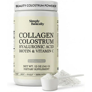 Colostrum & Collagen Peptides Powder with Biotin, Hyaluronic Acid & Vitamin C | Gut Health & Bloating, Immune Support, Hair, Skin & Nails Supplement | Unflavored | 30 Servings