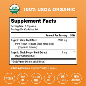 Nutrachamps USDA Organic Maca Root Capsules for Women & Men, 2100Mg, 180 Capsules, Black, Red & Yellow, Peruvian Maca Peruana, Extra Strength Pure Premium Gelatinized Root Powder Supplement