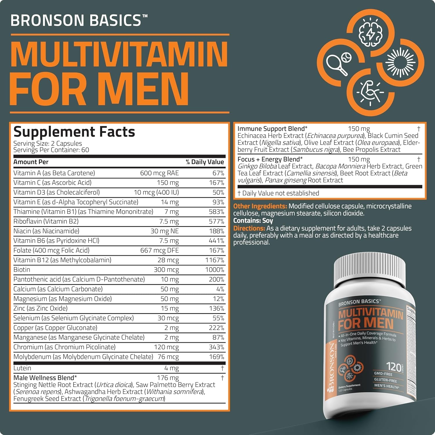 Bronson Multivitamin for Men All-In-One Daily Coverage Formula Key Vitamins, Minerals & Herbs to Support Men'S Health, 120 Capsules