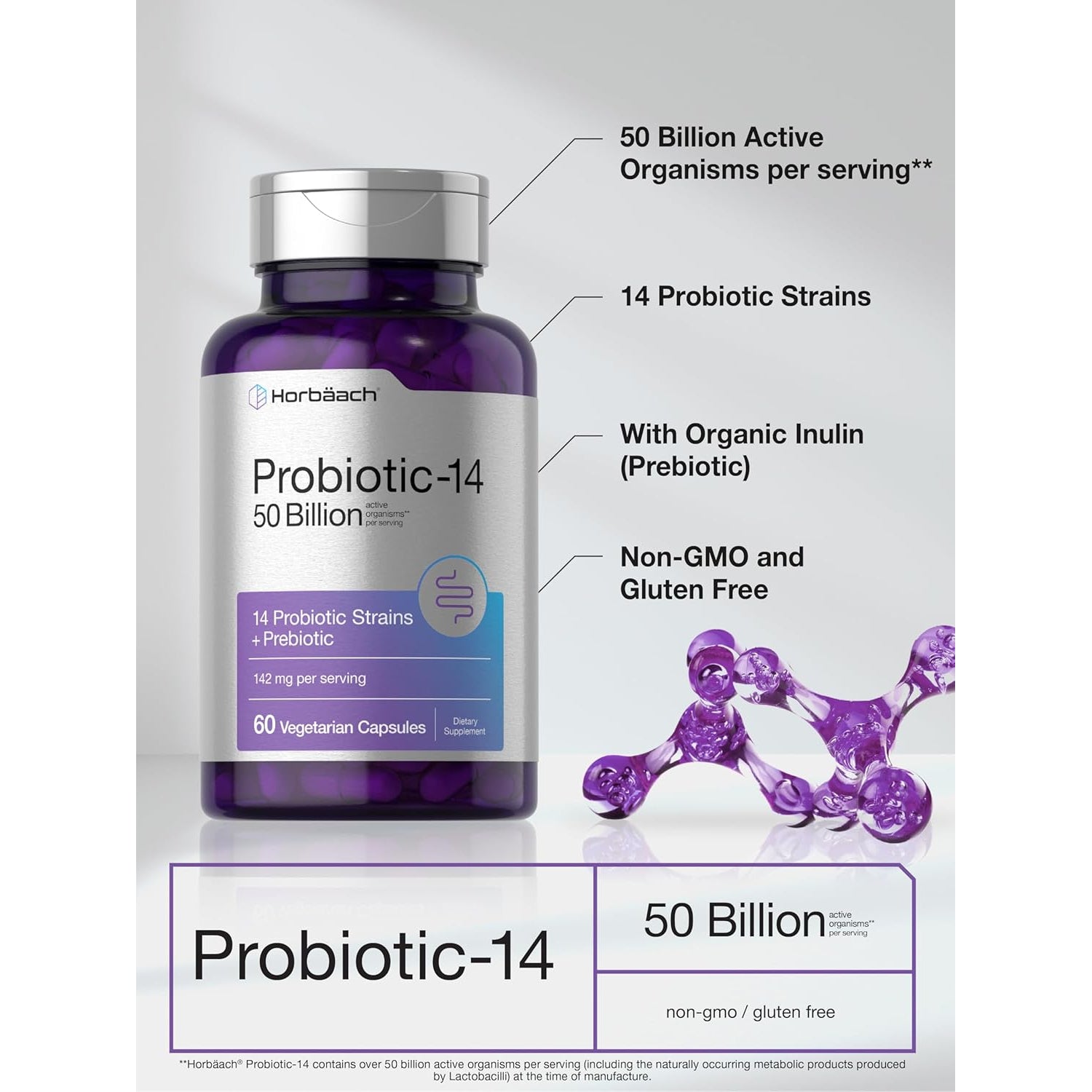 Horbaach Probiotics for Women and Men | 60 Capsules | 14 Probiotic Strains with Prebiotic | 50 Billion Active Organisms | Non-Gmo & Gluten Free Supplement