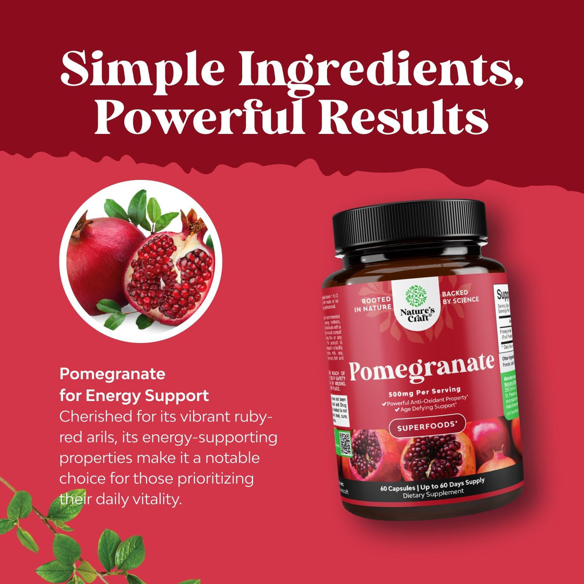 Advanced Pomegranate Extract Capsules - Powerful Antioxidant & Healthy Heart Support - Easy to Swallow Pomegranate Supplement - Superfood for Energy & Gut Health Support - Third Party Tested - 60 Ct