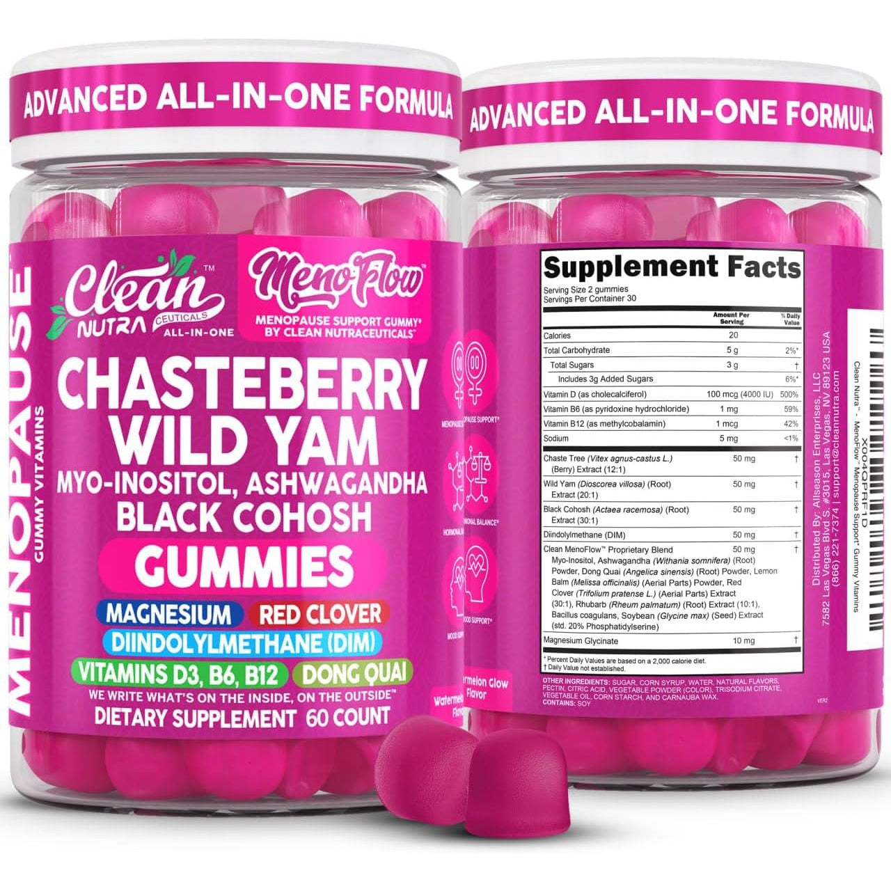 Clean Nutra Menopause Supplements for Women Chastberry Wild Yam Gummies Inositol Black Cohosh Magnesium Red Clover DIM Supplement B6 Magnesium Glycinate Glycine Vitex Hormone Balance Gummy Vitamins