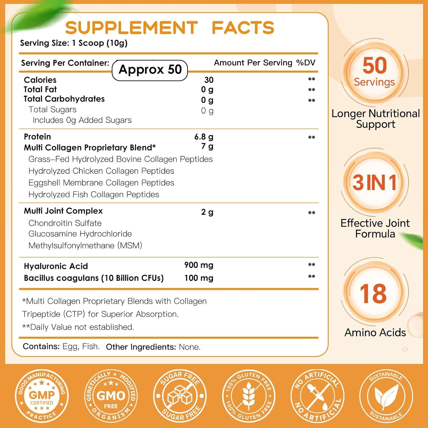 NATURE TARGET Multi-Collagen-Peptides-Powder for Joint Support, Hydrolyzed Collagen for Women Men with MSM + GC, Type I II III V X Collagen for Skin Hair & Nail, Non-Gmo, 50 Servings