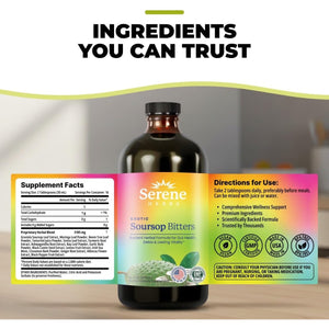 Serene Herbs Soursop Bitters Liquid with Soursop Leaves for Gut Cleanse, Detox & Immune Boost with Black Seed, Moringa, Irish Moss, Ashwaganda, Turmeric, 16 Fl Oz (16 Fl, Soursop)