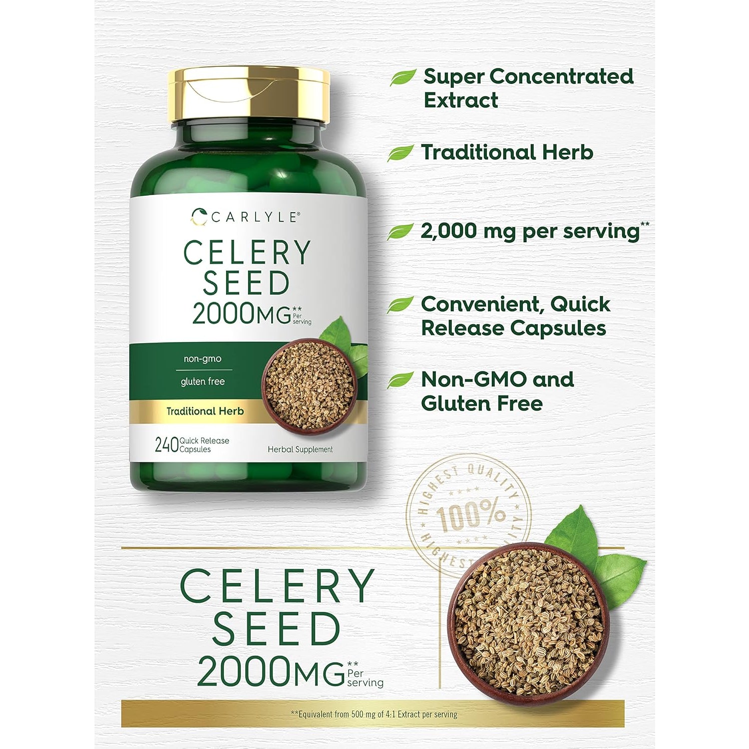 Carlyle Celery Seed Extract Capsules | 240 Count | Traditional Herb Supplement | Non-Gmo and Gluten Free Formula