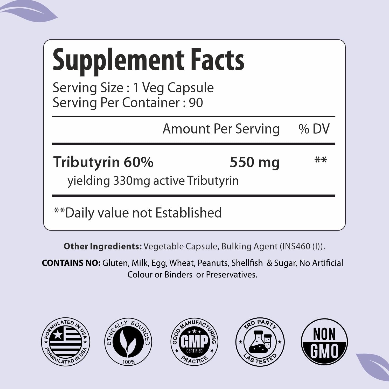 Tributyrin Supplement 550Mg, Advanced Butyrate Form for Gut Health, 60% Standardized, More Effective Delivery than Sodium Butyrate, 90 Capsules, Non-Gmo & Gluten Free Postbiotic Supplement