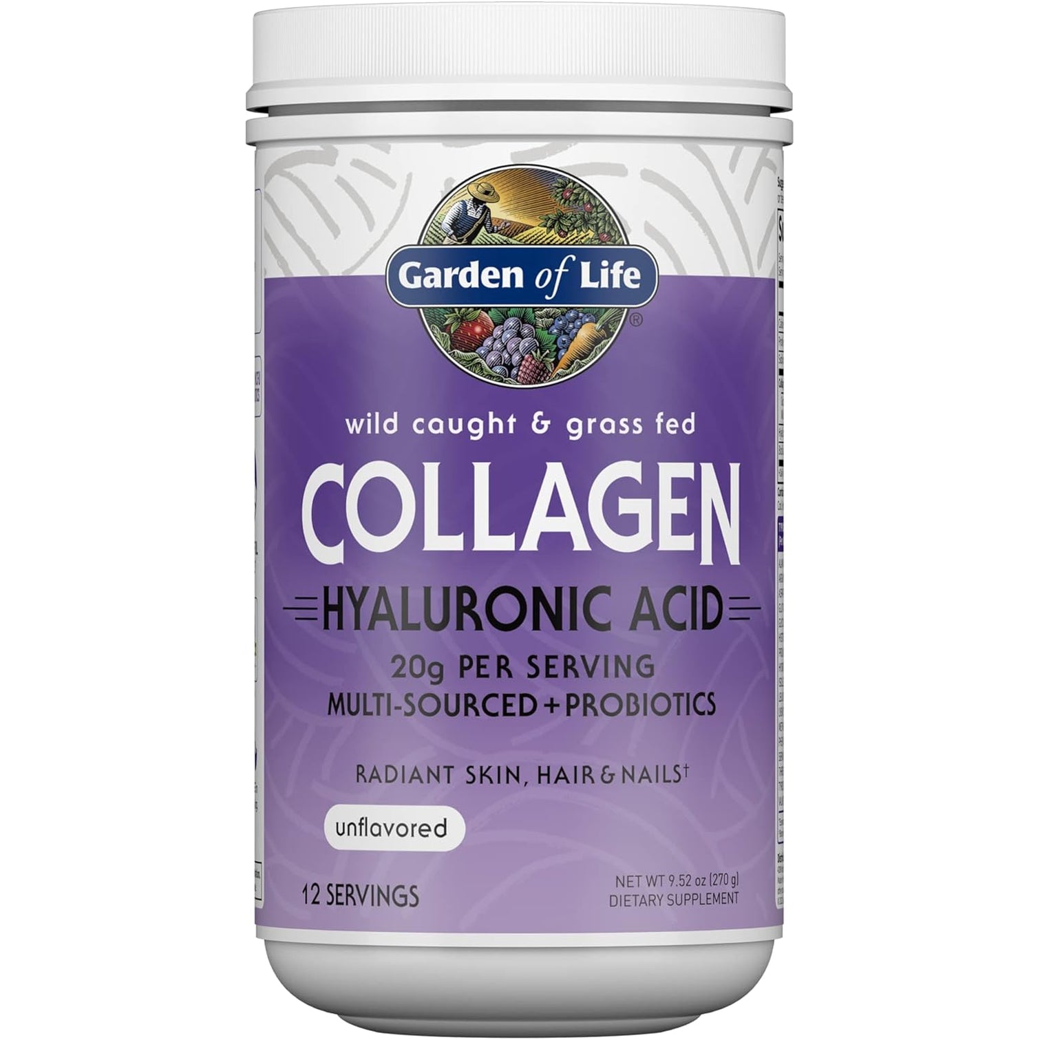 Garden of Life Marine & Grass-Fed Collagen Peptides Powder Supplement (Type I, III) with Probiotics, Bcaas & Hyaluronic Acid for Radiant Hair, Skin & Nails – Unflavored, 20G per Serving, 12 Servings