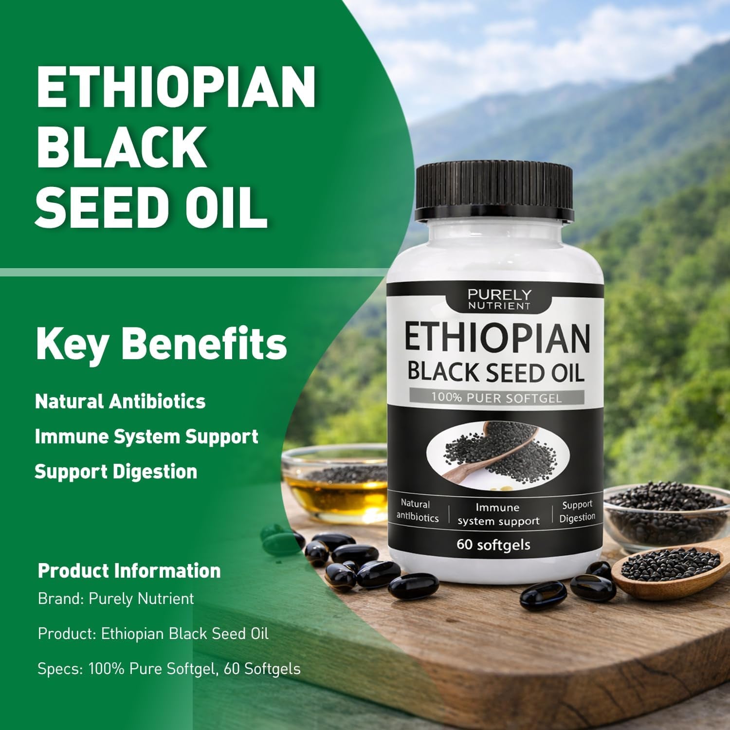 Purely Nutrient Ethiopian Black Seed Oil,Non-Gmo, Gluten-Free,60 Count