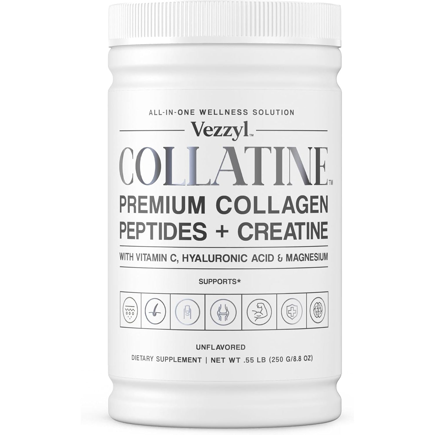 Collatine - Premium Collagen Peptides + Creatine with Vitamin C, Hyaluronic Acid and Magnesium for Skin, Hair, Nails, Bone & Joint, Muscle, Immune and Cognitive Aid (.55 LB (250 G/8.8 OZ)