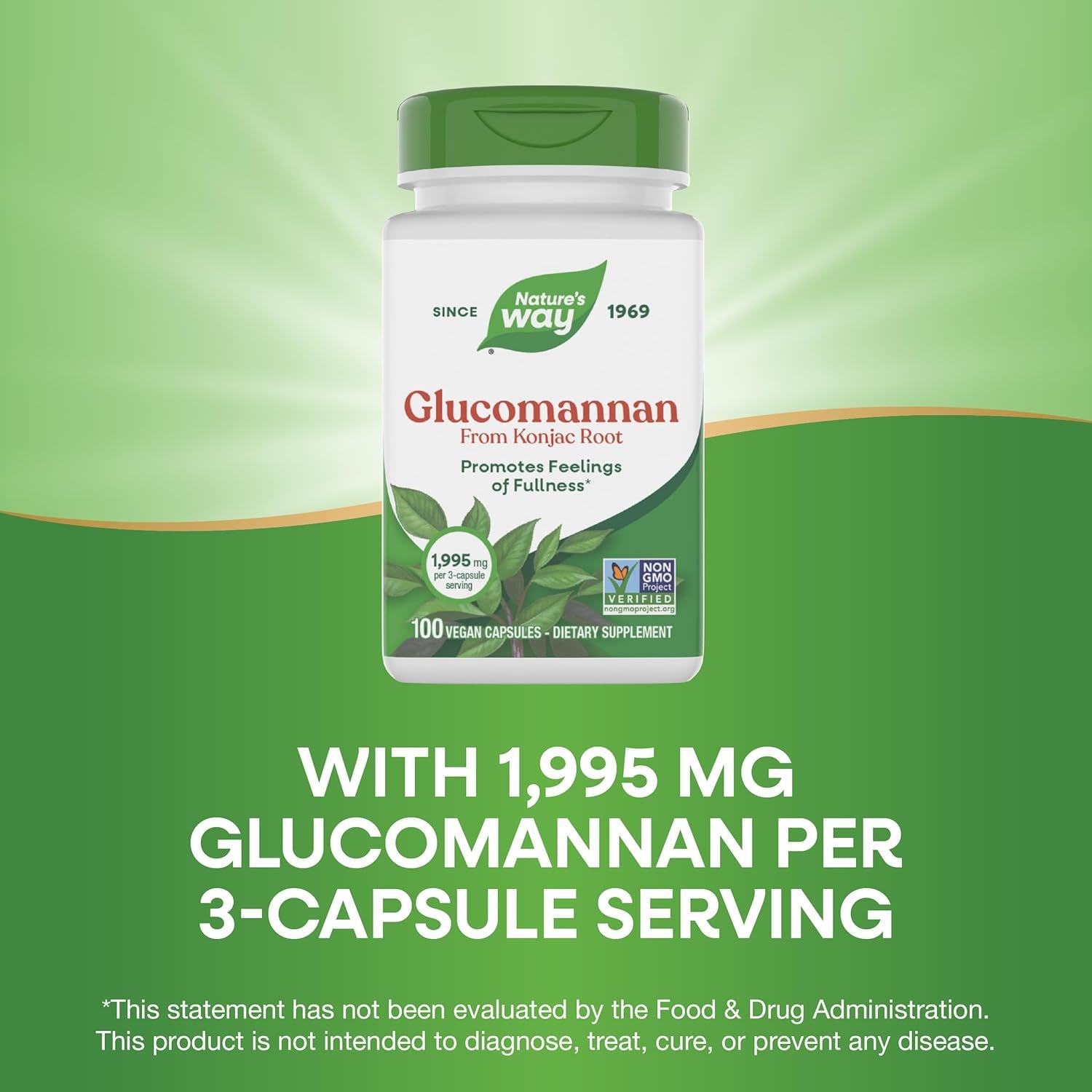 Nature'S Way Herbal Glucomannan from Konjac Root Capsules, Promotes Feelings of Fullness*, 1,995 Mg per 3-Capsule Serving, Non-Gmo Project Verified, Vegan, 100 Capsules (Packaging May Vary)