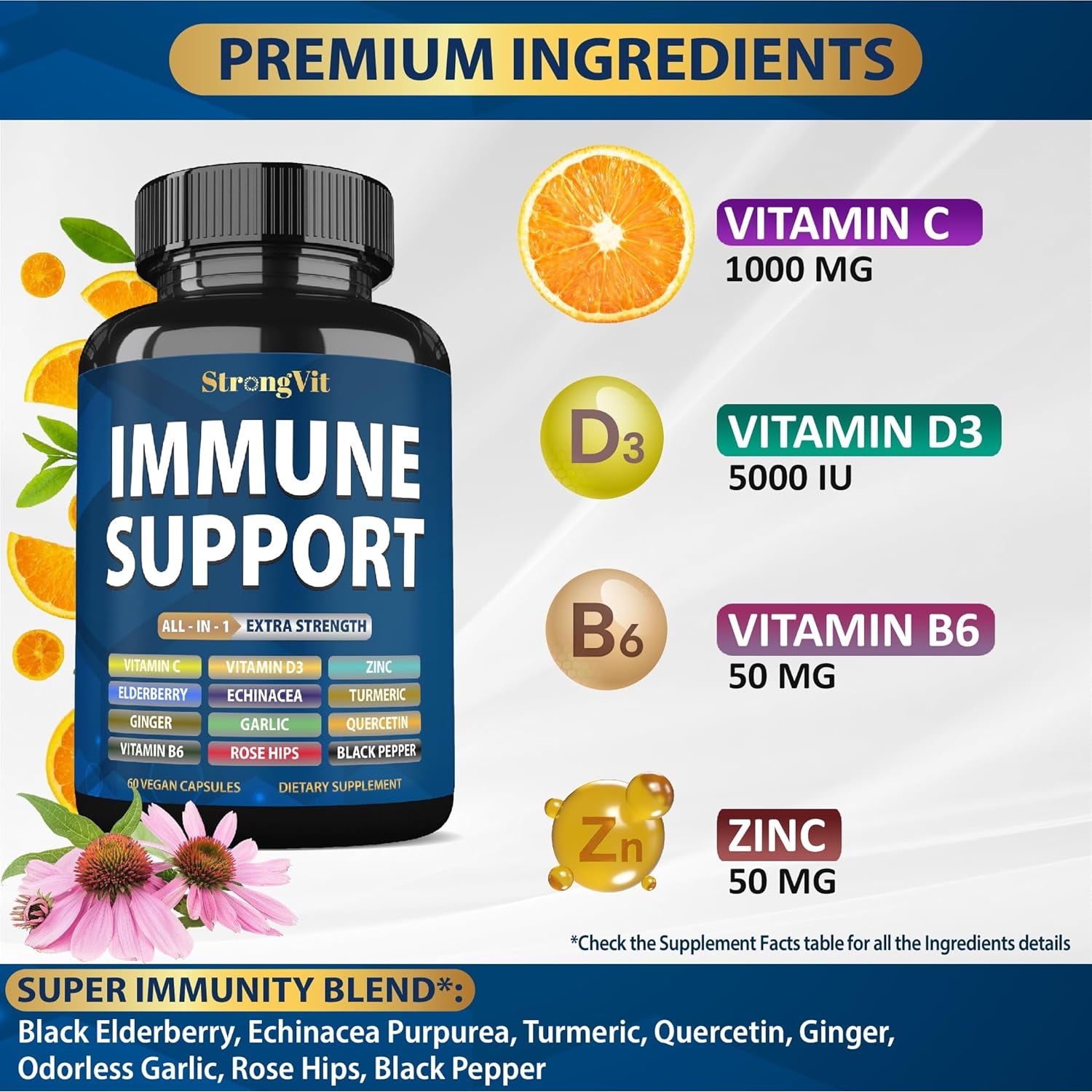 Strongvit Immune Support Supplement 12 in 1 Complex with Vitamin C, D3, Zinc, Echinacea, Elderberry, Ginger, Turmeric. Immune Defend for Men & Women, Non-Gmo, Gluten-Free, Vegan, USA