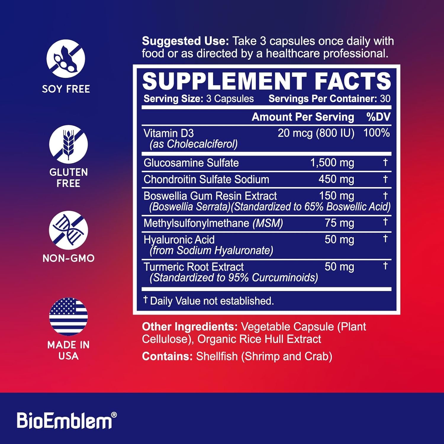 Bioemblem Glucosamine Sulfate 1500Mg with Chondroitin & MSM, Joint Support Supplement with Boswellia, Turmeric & Hyaluronic Acid, Supports Mobility, Flexibility & Cartilage Health, Non-Gmo, 90 Caps