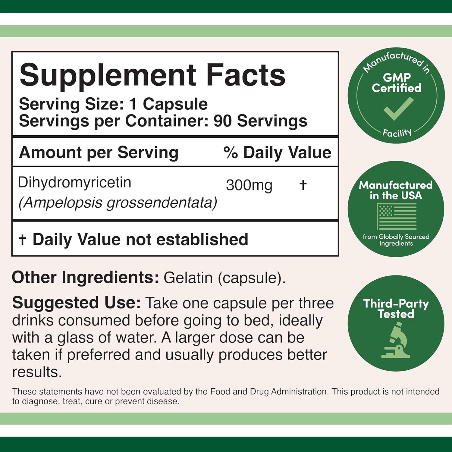 Dihydromyricetin (DHM) (Hovenia Dulcis Extract) Supplement for Liver Support (Naturally Obtained from the Oriental Raisin Tree) 90 Capsules 300Mg Analysis