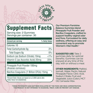 Vital Source Nutrition Vaginal Probiotic Gummies for Women - Ph Balance and Immune Defense, Support Healthy Odor and Vaginal Flora - Vegan, Gluten-Free - Hawaiian Pineapple - 60 Gummies - 30 Servings