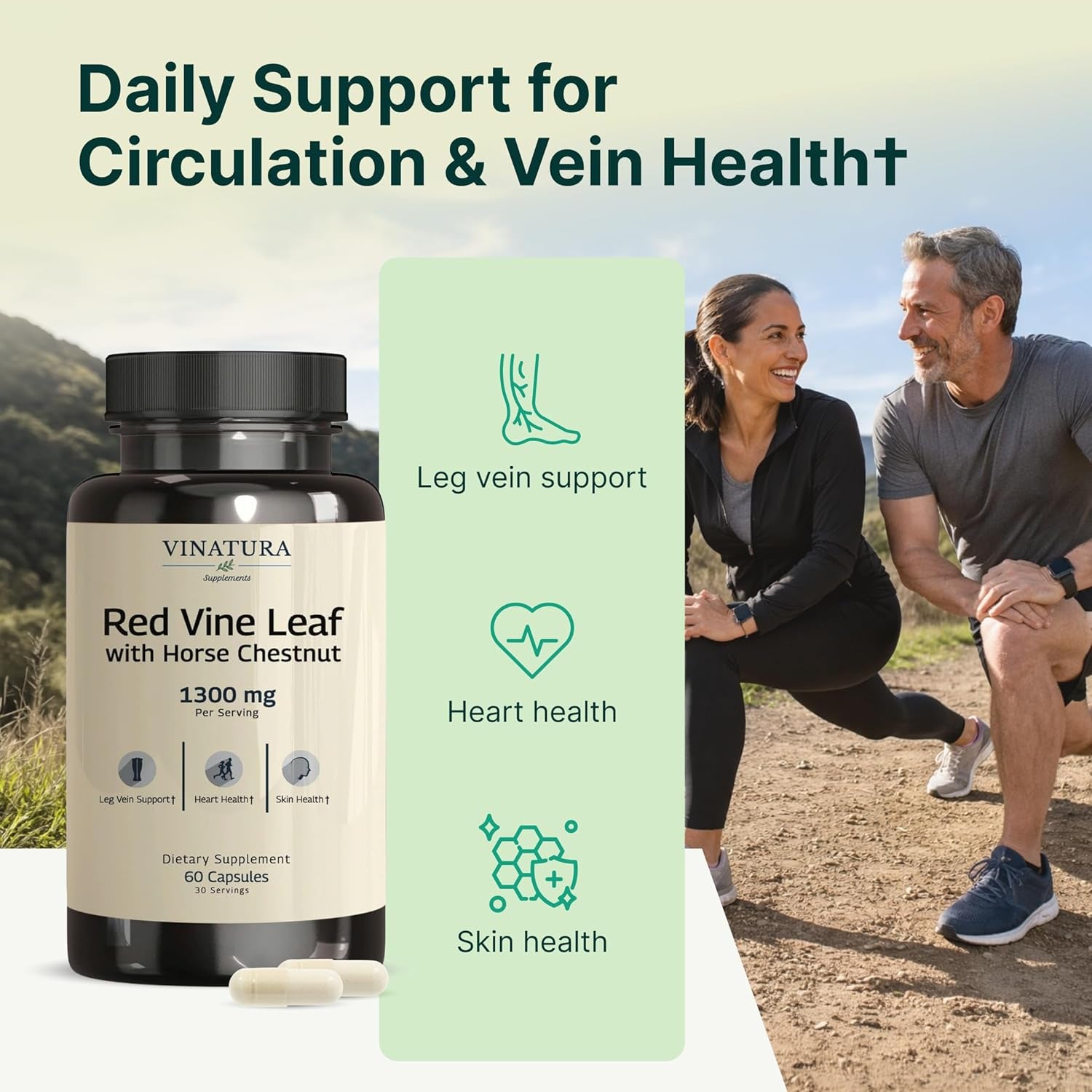 VINATURA Red Vine Leaf Extract - Horse Chestnut, 1300Mg/Serving *USA Made and Tested* Circulation and Vein Support for Healthy Legs - Helps Blood Flow, Leg Circulation - 60 Capsules (30 Servings)