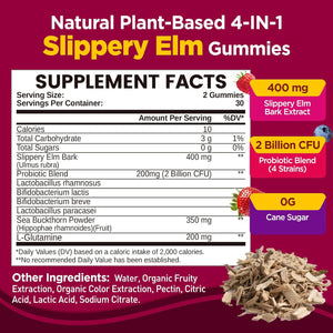 Slippery Elm for Women Gummies, Organic Slippery Elm Bark Extract with Probiotics, Sea Buckthorn, L-Glutamine for Gut & Digestive Health, Throat & Respiratory Support, Sugar Free, Vegan, 60 Gummies