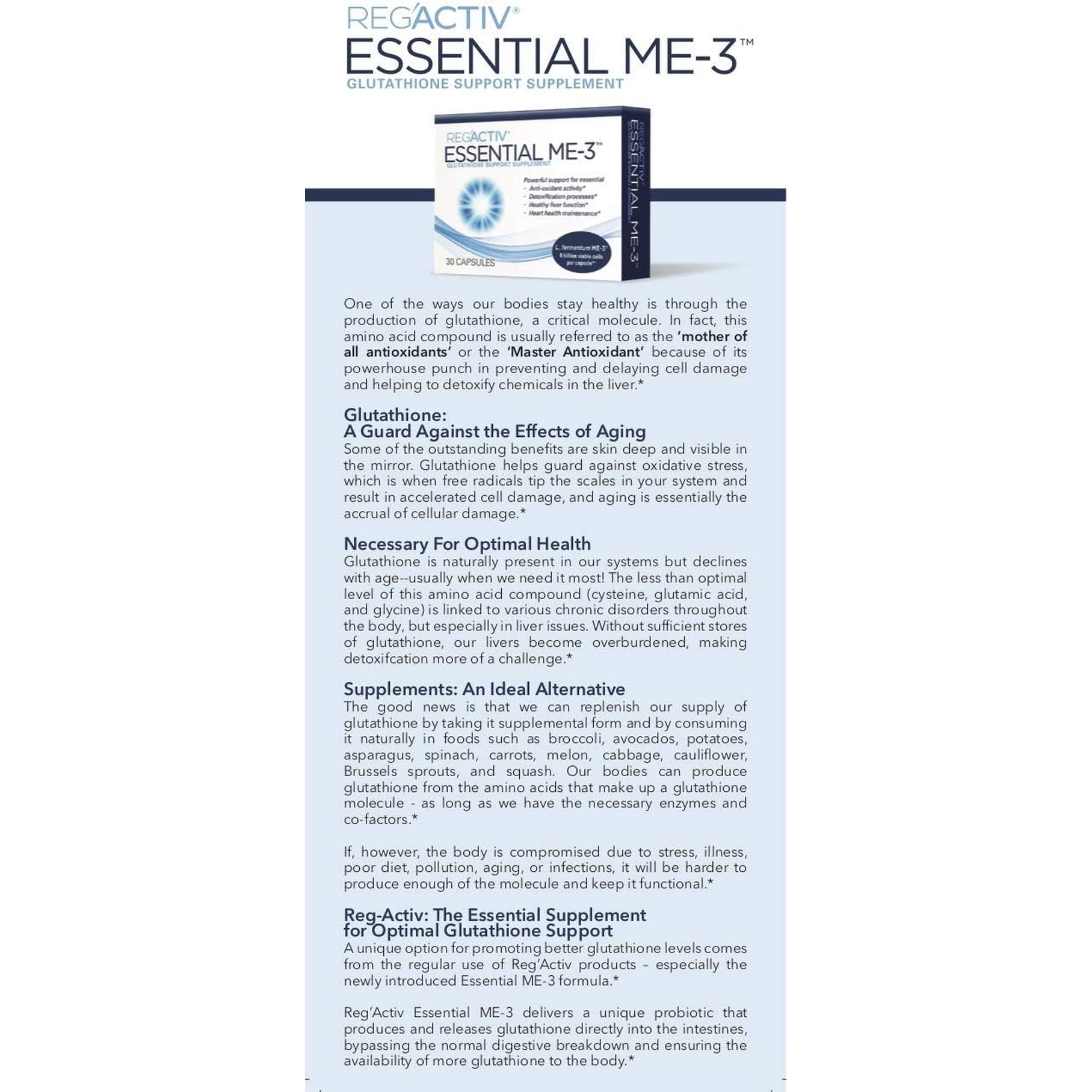 Reg'Activ Essential ME-3, 30 Capsules. a Glutathione-Producing Probiotic That Delivers Glutathione to the Intestine for Efficient Guthatione Supplementation