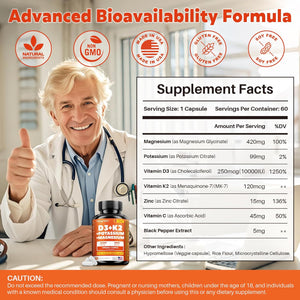 Vitamin D3 K2 (MK-7) 10,000 IU with Magnesium Glycinate & Potassium Supplement - Systemic Complex for Bone, Muscle, Heart, Immune, Energy & Sleep Support – High Absorption, 60 Capsules