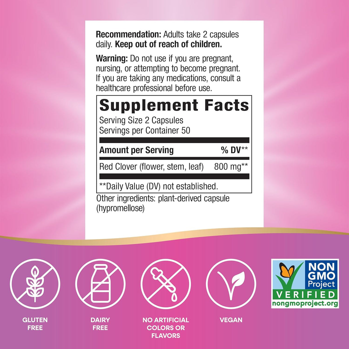 Nature'S Way Red Clover Blossom Herb, Traditional Health Support for Women*, 800 Mg per 2-Capsule Serving, Non-Gmo Project Verified, Red Clover Supplement, 100 Vegan Capsules (Packaging May Vary)
