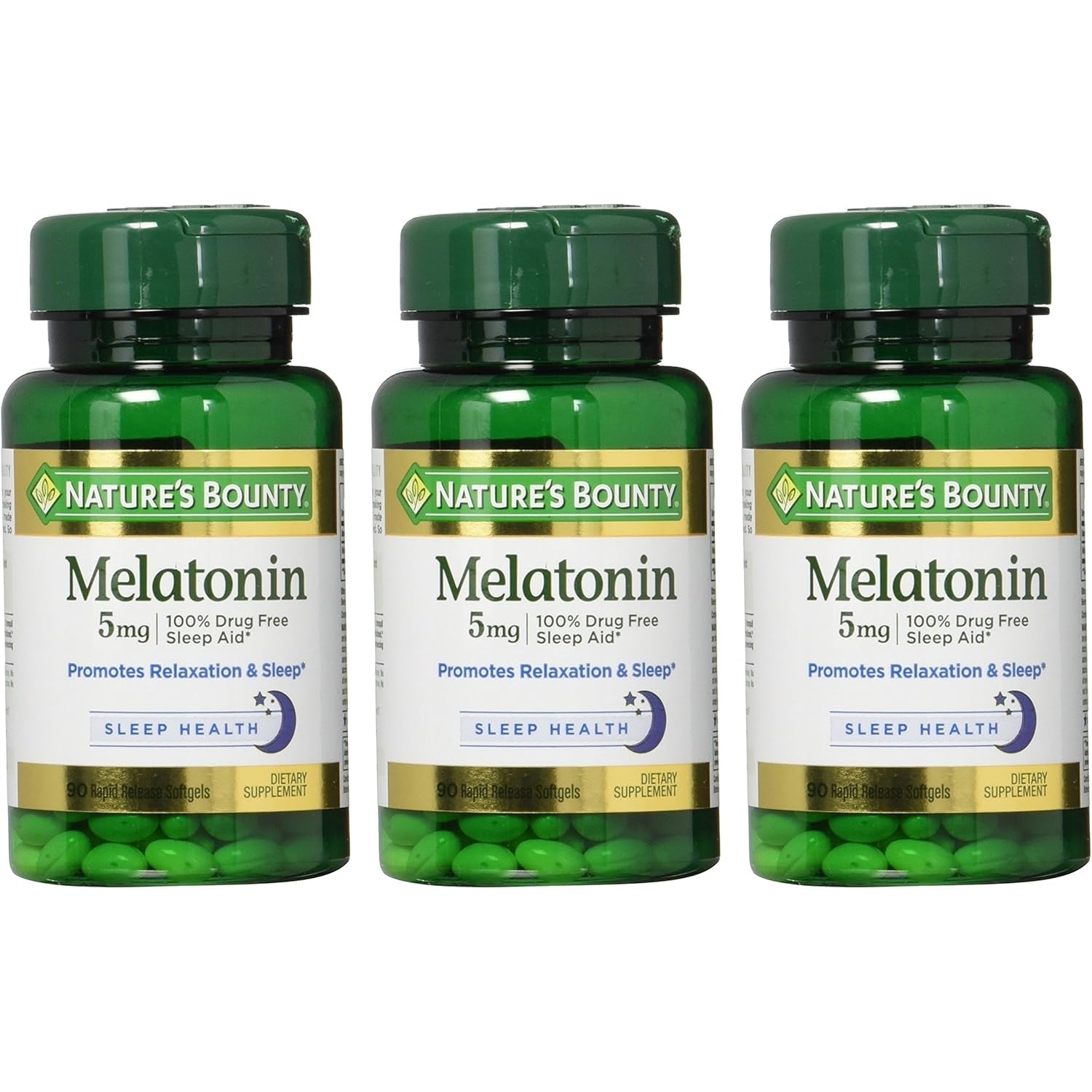 Nature'S Bounty Melatonin 100% Drug Free Sleep Aid, Dietary Supplement, Promotes Relaxation and Sleep Health, 5 Mg, 90 Count, Pack of 3