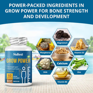 Nubest Grow Power - Calcium Supplement, Magnesium Supplement with Vitamin D3, B6, Zinc, Phosphorus and Multivitamin for Strong Bones, Overall Health for Age 10+ | 60 Capsules | 1 Month Supply