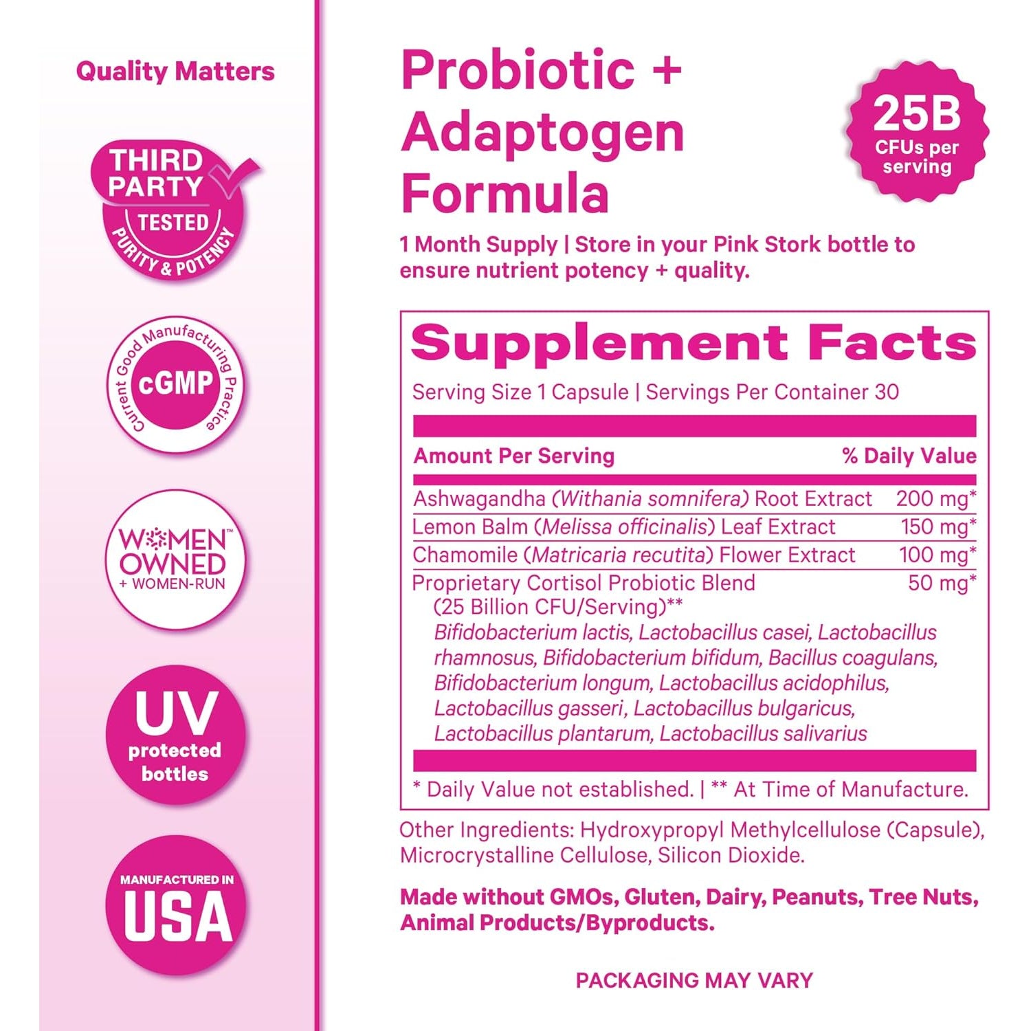 Pink Stork Cortisol Probiotic for Women – Mood and Adrenal Support Supplement – Ashwagandha, Lemon Balm, Chamomile, 25 Billion CFU – Gut Health, Energy, Focus – Lower Cortisol – 30 Capsules