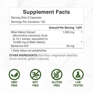 Bitter Melon with Berberine Supplement 15,000Mg per Serving, 300 Capsules | 15:1 Wild Bitter Melon Fruit Extract & Berberine HCL | Third Party Tested | Plant Based, Non-Gmo
