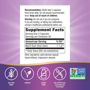 Nature'S Way Myrrh Gum Tree Resin, Traditional Digestive Support*, 1.1 G per 2-Capsule Serving, Non-Gmo Project Verified, No Gluten, 100 Vegan Capsules (Packaging May Vary)