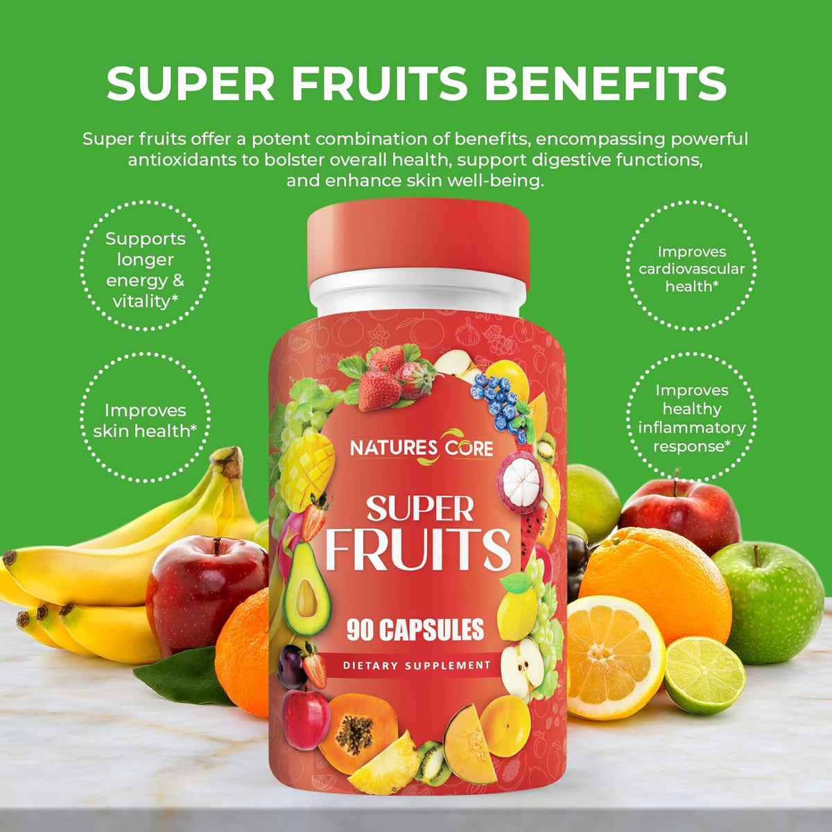 Nature'S Core Fruit and Veggie Supplement - 360 Capsules - 100% Whole Super Fruit and Vegetable Vitamin, Made in USA, Soy Free, Vegan, Capsule Form - 90 Count (Pack of 4)