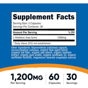 Nutricost L-Histidine Supplement (1,200Mg) 60 Capsules - Gluten-Free, Gmo-Free, 30 Servings