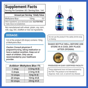 Actiblue+ Methylene Blue 1% : Methylene Blue ISO Certified Third Party Lab Tested 99,9% No Formaldehyde No Alcohol No Gluten&Gmo(2Fl.Oz)