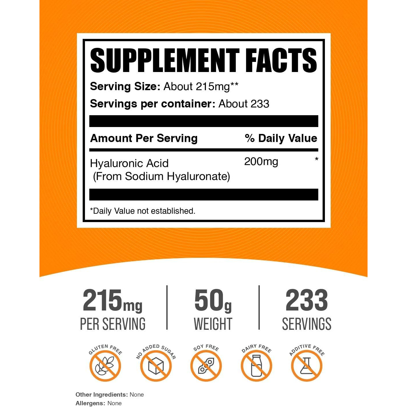 Bulksupplements.Com Hyaluronic Acid Powder - as Sodium Hyaluronate, Hyaluronic Acid Supplements - Food Grade, Gluten Free - 215Mg per Serving, 50G (1.8 Oz) (Pack of 1)