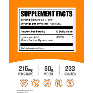 Bulksupplements.Com Hyaluronic Acid Powder - as Sodium Hyaluronate, Hyaluronic Acid Supplements - Food Grade, Gluten Free - 215Mg per Serving, 50G (1.8 Oz) (Pack of 1)