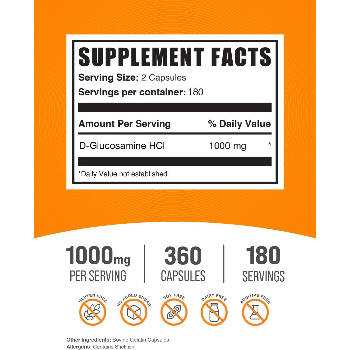 Bulksupplements.Com Glucosamine Hcl Capsules - Glucosamine Supplement, Nutritional Supplement - Gluten Free, 2 Capsules per Serving, 360 Count (Pack of 1)