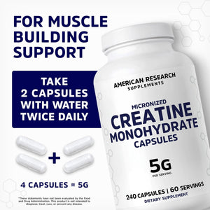 Creatine Monohydrate Capsules 5G | 60 Servings | Vegan | 4 Caps per Serving | Micronized Creatine Pills 5000Mg | 240 Capsules | Creatine Pills for Men & Women | 2 Months Supply | Made without Fillers