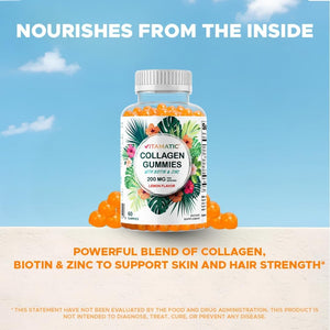 Vitamatic Hydrolyzed Collagen Gummies with Vitamin C, Zinc and Biotin, 200 Mg - Healthy Skin Support - 60 Gummies