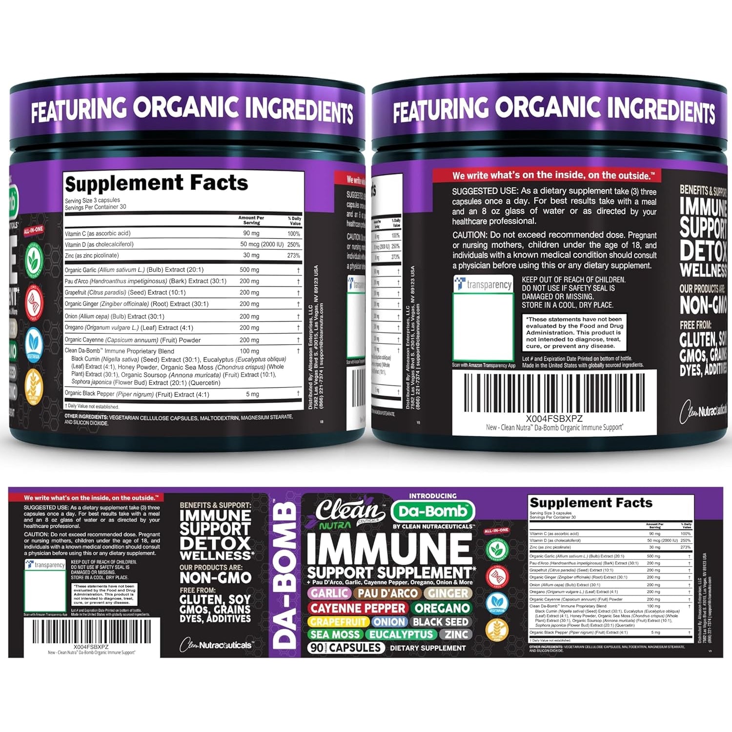 Organic Immune Support with PAU D'Arco Garlic Cayenne Pepper Oregano Ginger Grapefruit Onion Black Seed Sea Moss Black Pepper Zinc Eucalyptus Vitamin C Vitamin D Organic Soursop by Clean Nutra