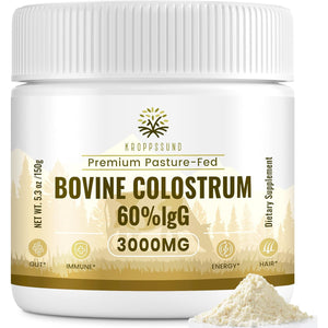 Kroppssund Bovine Colostrum Powder Supplement 3000 Mg - Extra High 60% Igg Bovine Colostrum - Gut, Bone, Exercise, Immune - 50 Servings (1 Bottle)