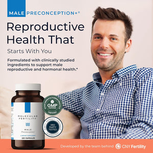 Male Preconception+ Fertility Supplements for Men - Reproductive Cell & Fertility Support - Conception for Him - Coq10, Ashwagandha, Shilajit, DAA, Zinc, Selenium - 30 Day Supply