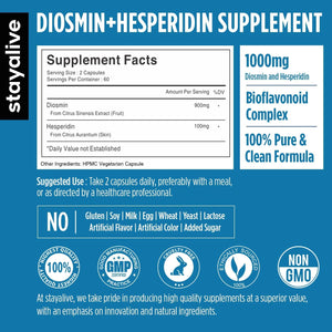 STAY ALIVE Diosmin Hesperidin 1000Mg Complex, 120 Count, Citrus Bioflavonoids Rich Fruit Extract, 2 Month Supply, 100% Vegetarian, Non-Gmo & Gluten Free Hesperidin and Diosmin Supplement Capsules