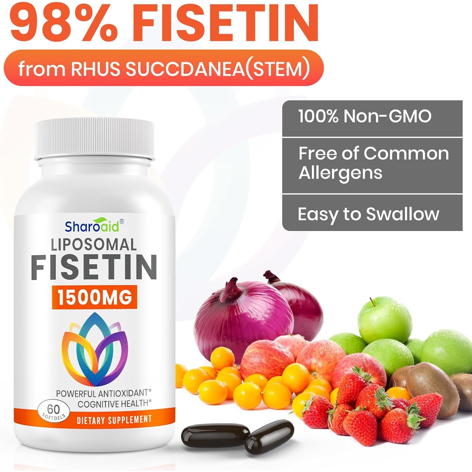 1500Mg Fisetin Supplements - Powerful Absorption with Liposomal Delivery,98% Pure Fisetin,Polyphenol Antioxidant for Healthy Aging,Non-Gmo - 1 Bottles, 60 Softgels for Adults