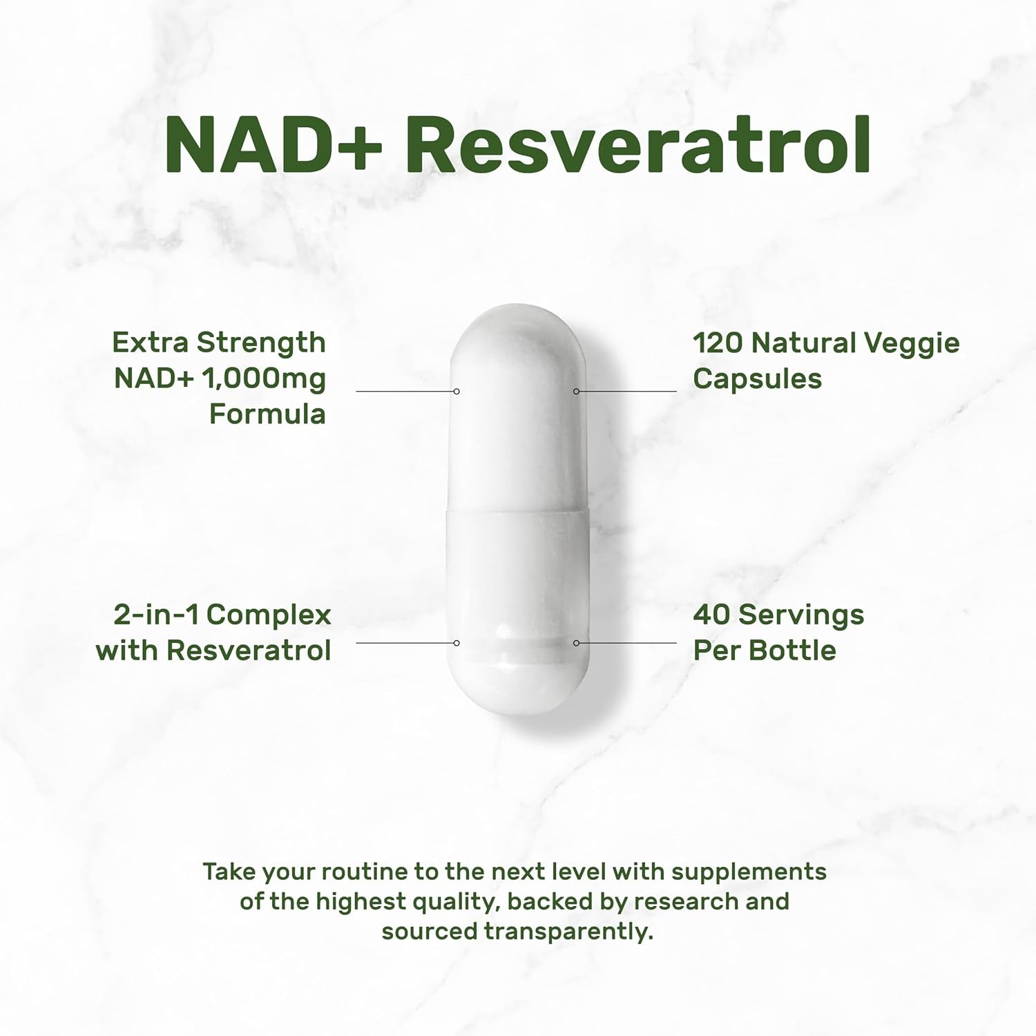 NAD+ Resveratrol Supplement 1,000Mg per Serving, 120 Veggie Capsules | 2-In-1 Extra Strength NMN Supplement Alternative | NAD Supplements for Women & Men | Non-Gmo, Gluten Free