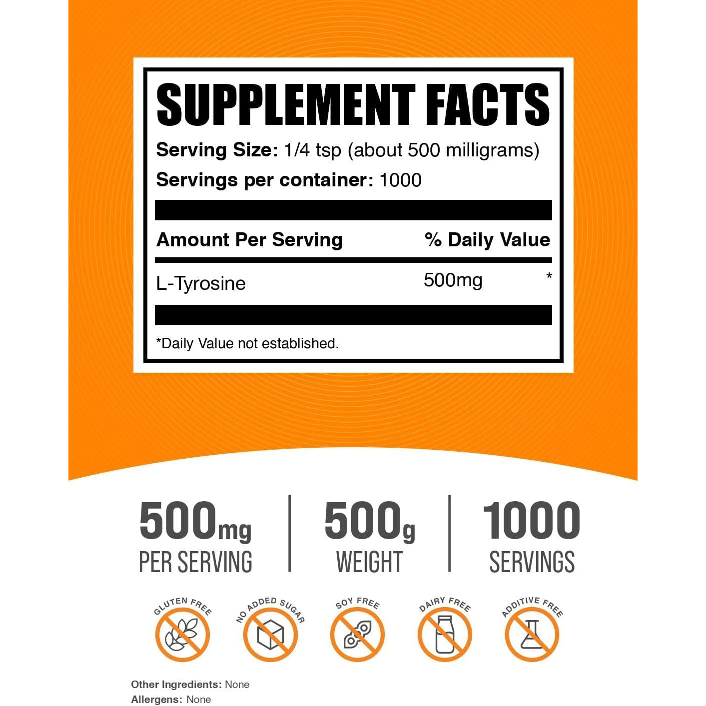 Bulksupplements.Com L-Tyrosine Powder - Sports Nutrition, Amino Acid Supplement - Unflavored & Gluten Free, 500Mg per Serving, 500G (1.1 Lbs) (Pack of 1)