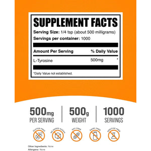 Bulksupplements.Com L-Tyrosine Powder - Sports Nutrition, Amino Acid Supplement - Unflavored & Gluten Free, 500Mg per Serving, 500G (1.1 Lbs) (Pack of 1)