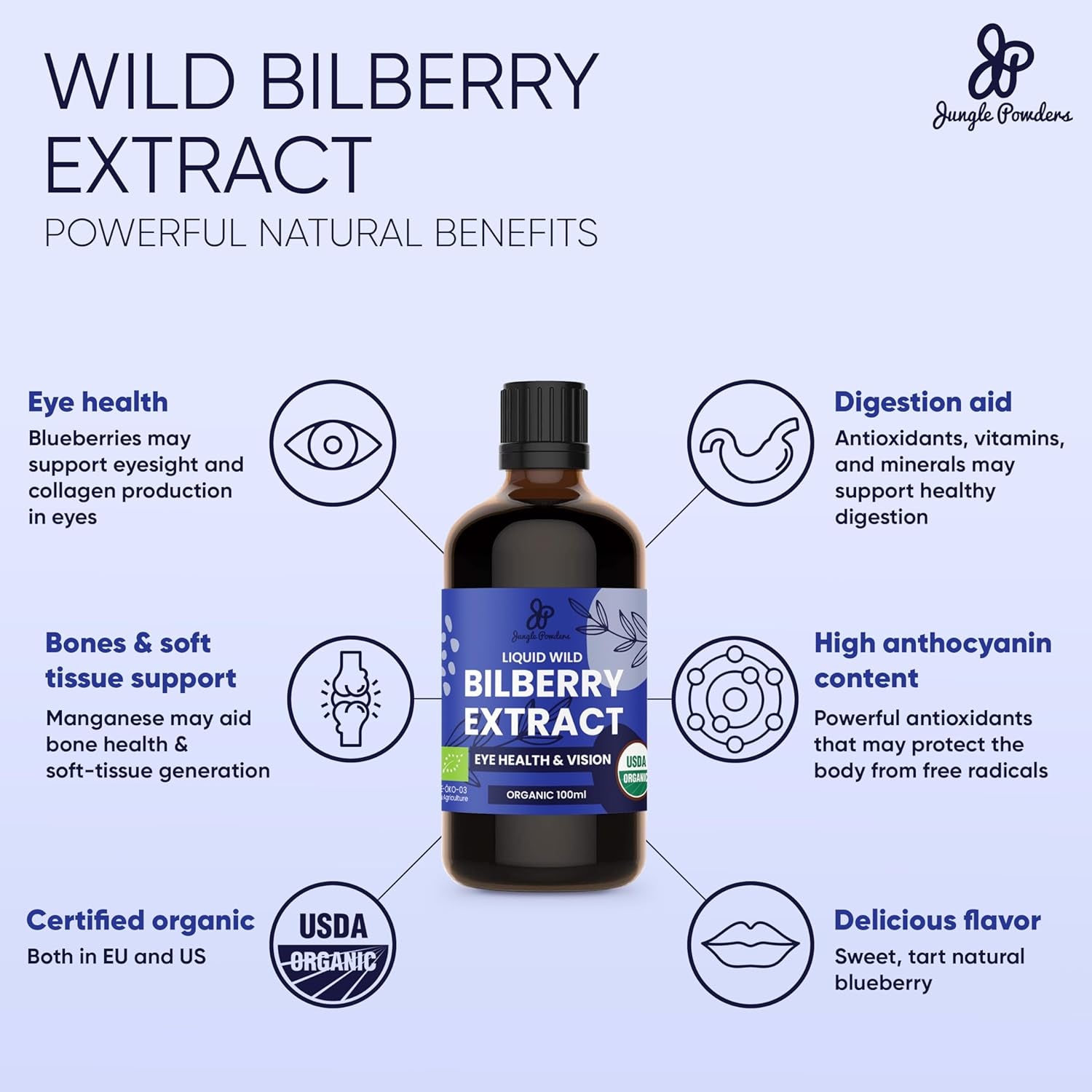 Jungle Powders Wild Bilberry Extract for Eyes USDA Organic 3.4Oz Bottle of Liquid Bilberry Anthocyanin Alcohol-Free European Blueberry Bilberry Supplement for Eyes High Bioavailability Liquid Extract