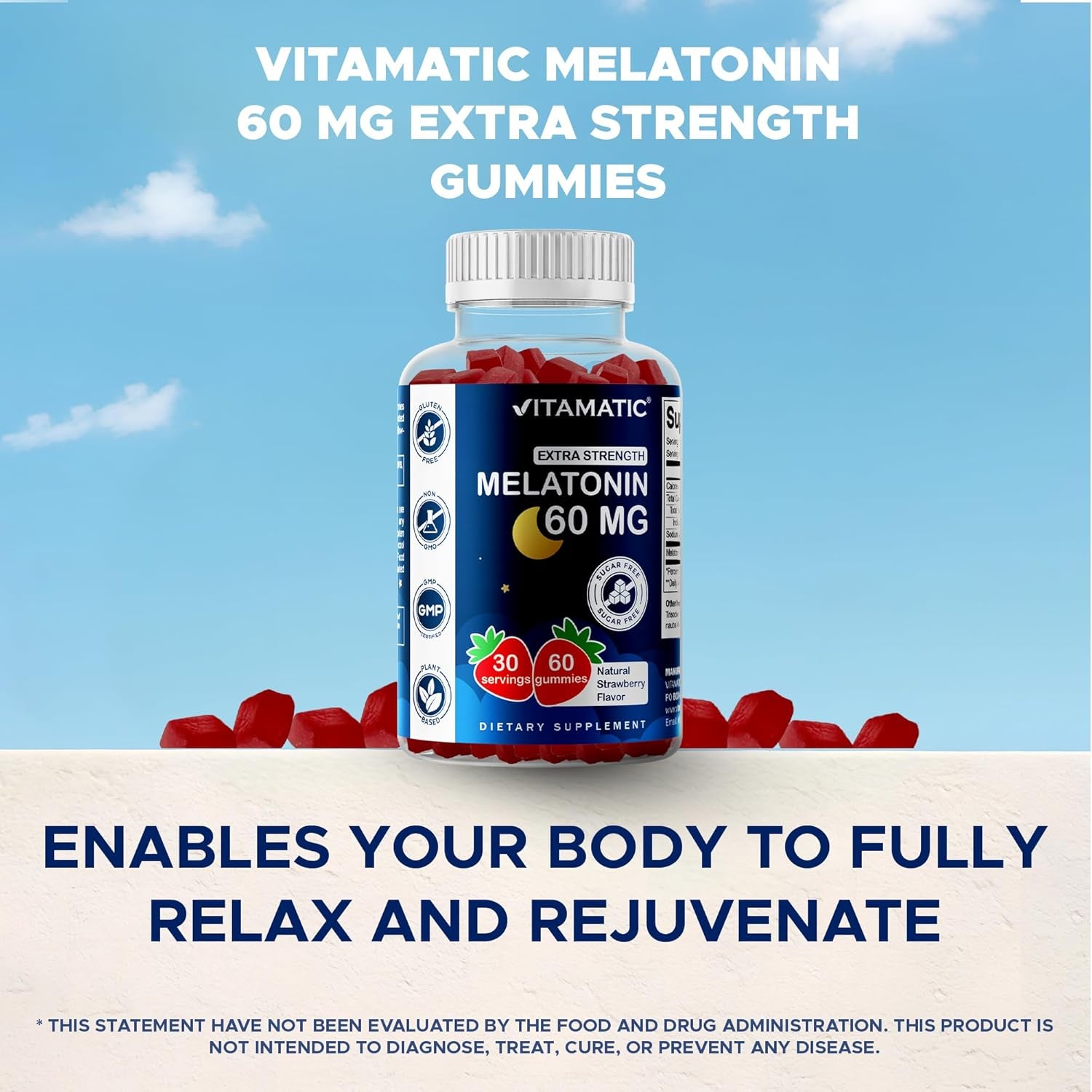 Vitamatic Sugar Free Melatonin 60 Mg - 60 Vegetarian Gummies - Non-Habit Forming Supplement