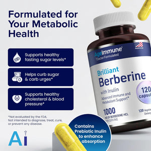 Ageimmune Berberine 1000Mg Supplement Complex with Inulin Prebiotic - Berberine HCL 500Mg per Capsule - Doctor Formulated and Third Party Tested Berberine Supplement