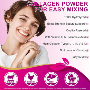Multi Collagen Peptides Powder,Type I, II, III, V, X,With Biotin,Vitamin C,Hyaluronic Acid,Supports Healthy Joint, Hair, Skin & Nail Support,Grass-Fed, Non-Gmo,16Oz