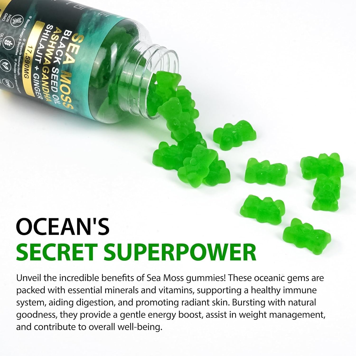 Sea Moss Gummies, Sea Moss, Bladderwrack, Ashwagandha, Burdock Root, Energy, Immune Support, 60 Vegan Gummies